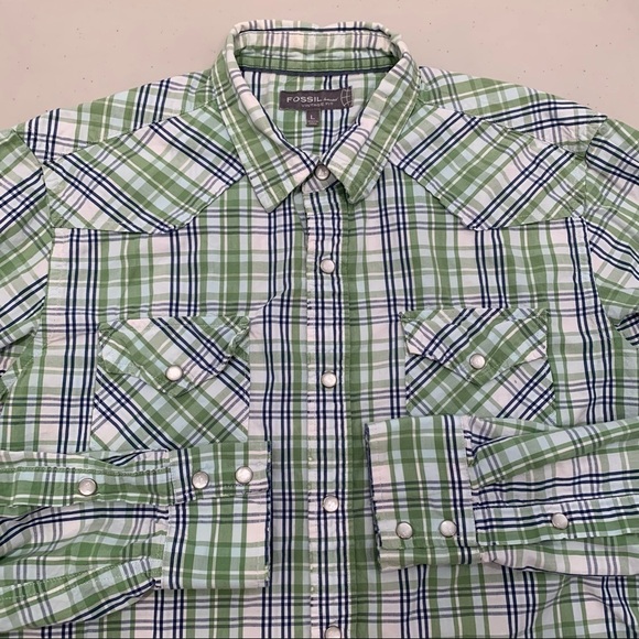 Fossil Brand men's long sleeve button down casual shirt Green Blue White Plaid L - Picture 4 of 10